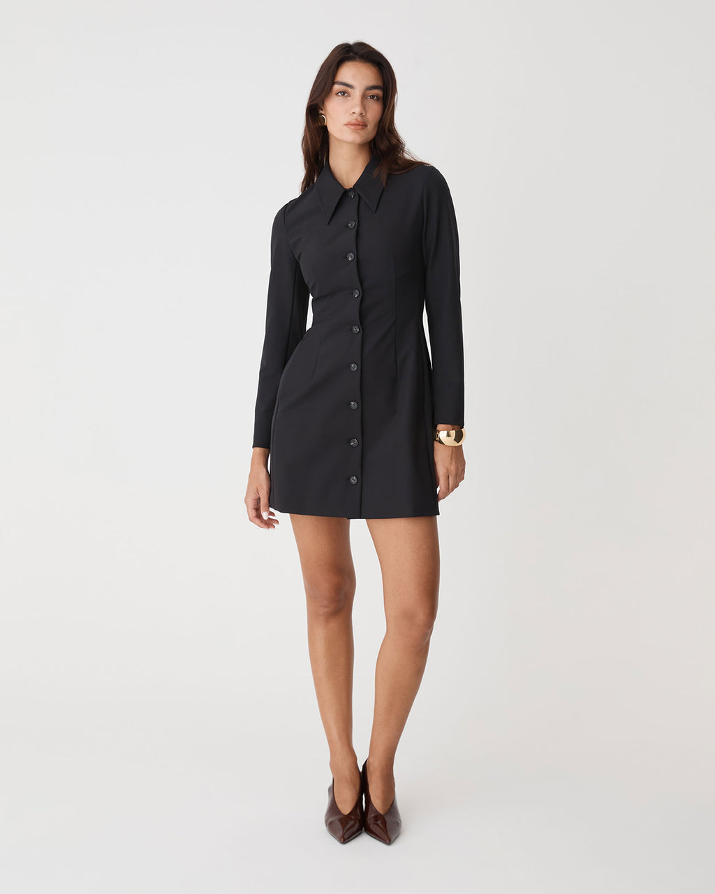 Thea Button Mini Dress in black — full-length view
