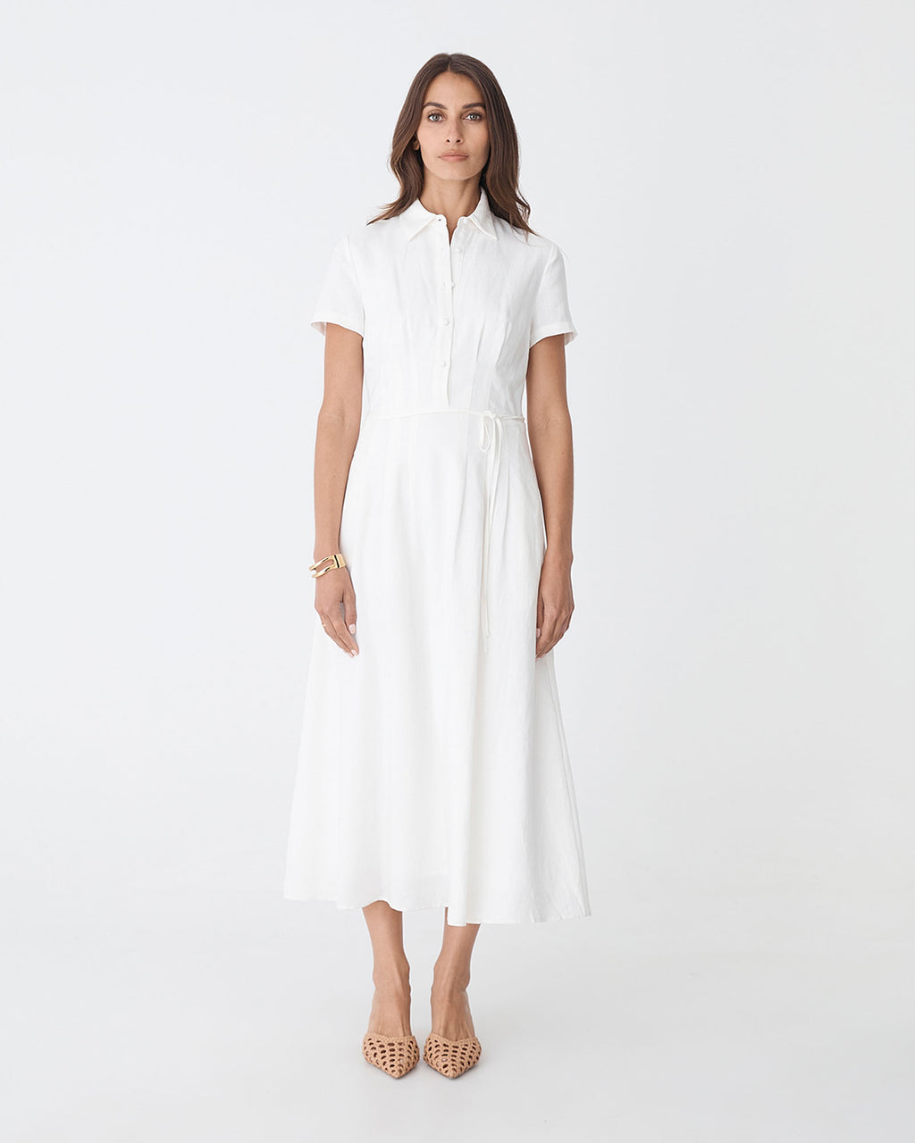 Sophie Pleat Waist Linen Dress in ivory — full-length view
