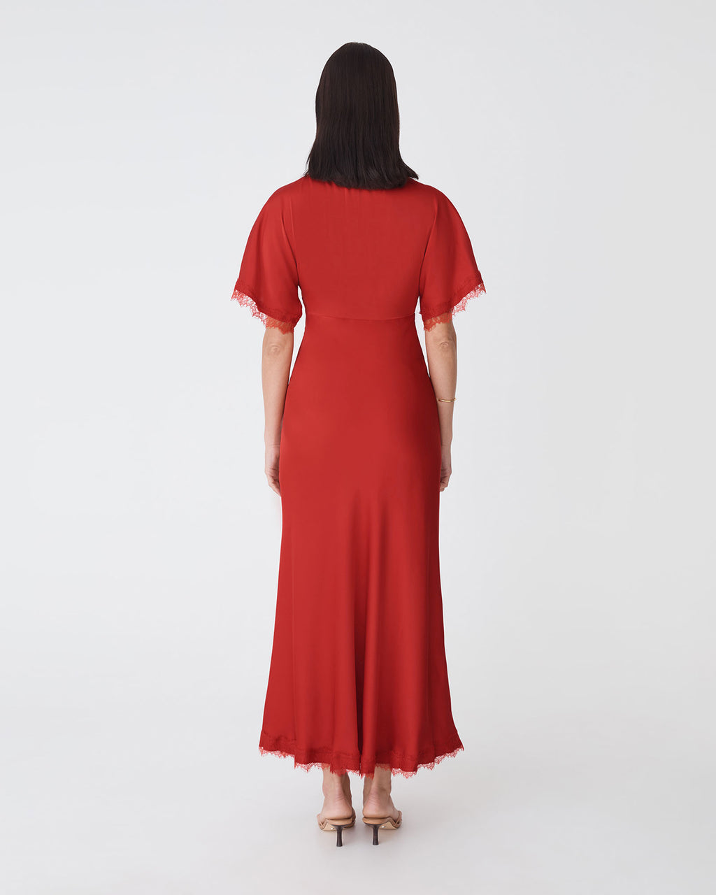 Cleo Lace Trim Satin Dress in scarlet — back view