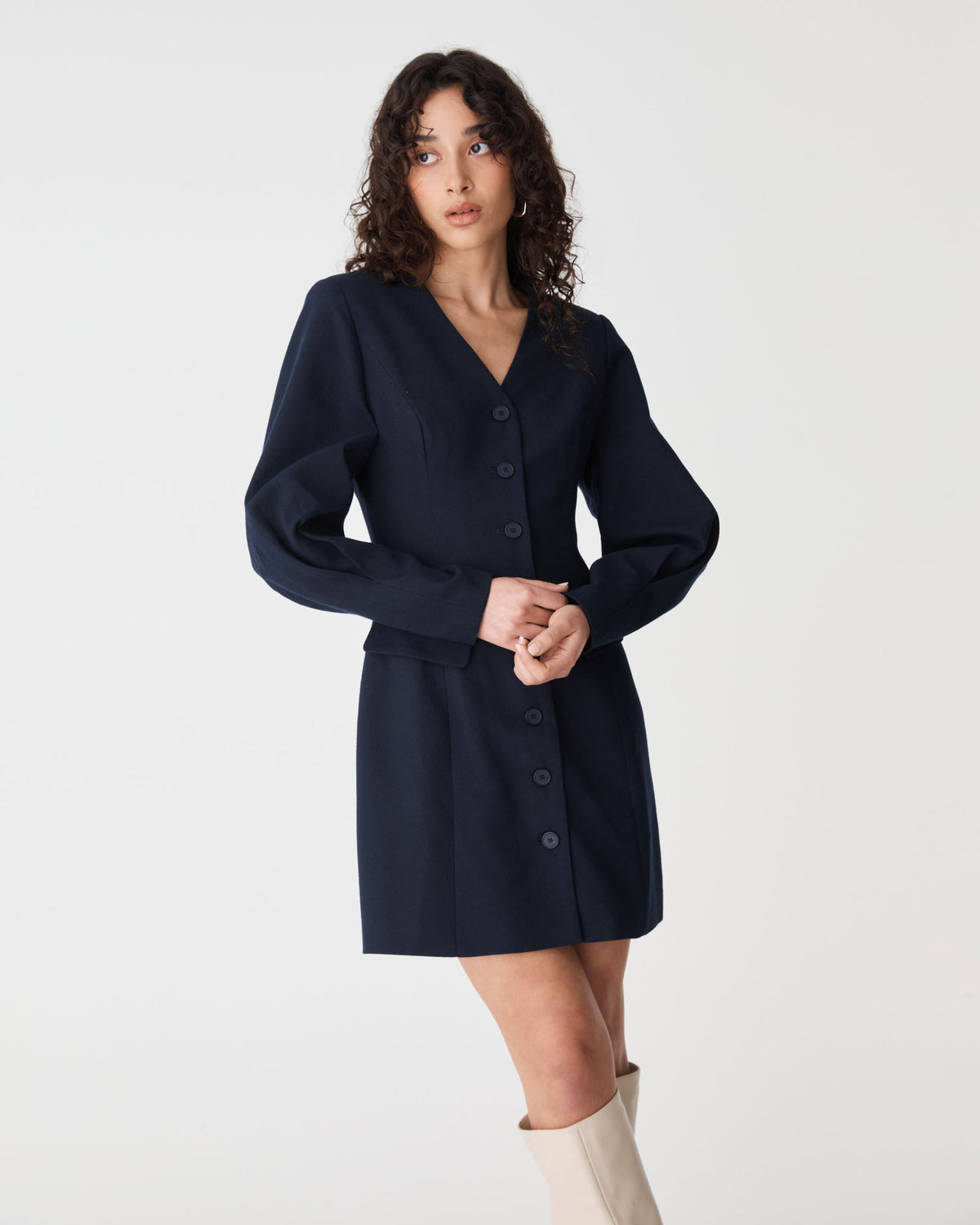 Dale Barrel Sleeve Dress in dark navy — close-up view