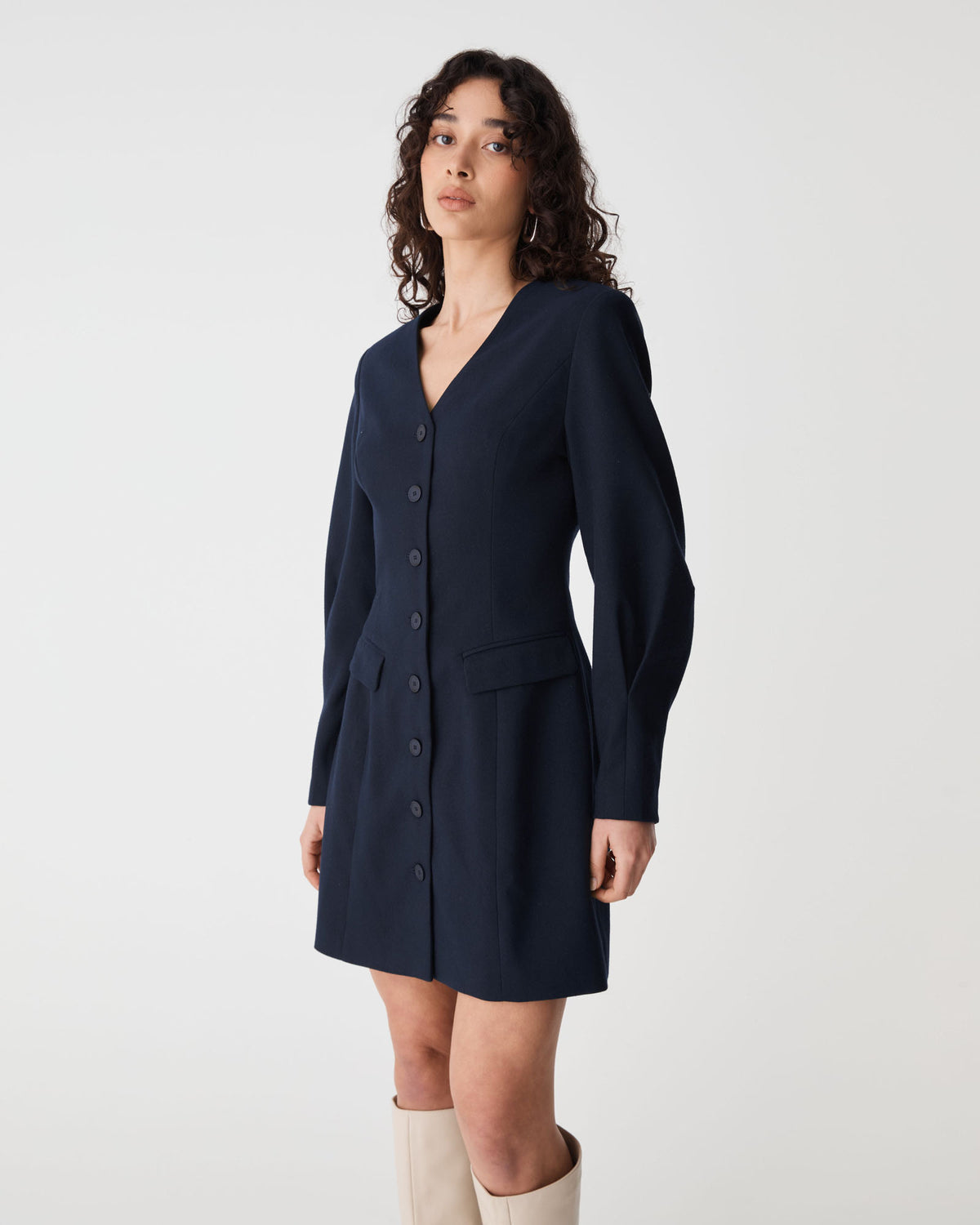 Dale Barrel Sleeve Dress in dark navy — side view