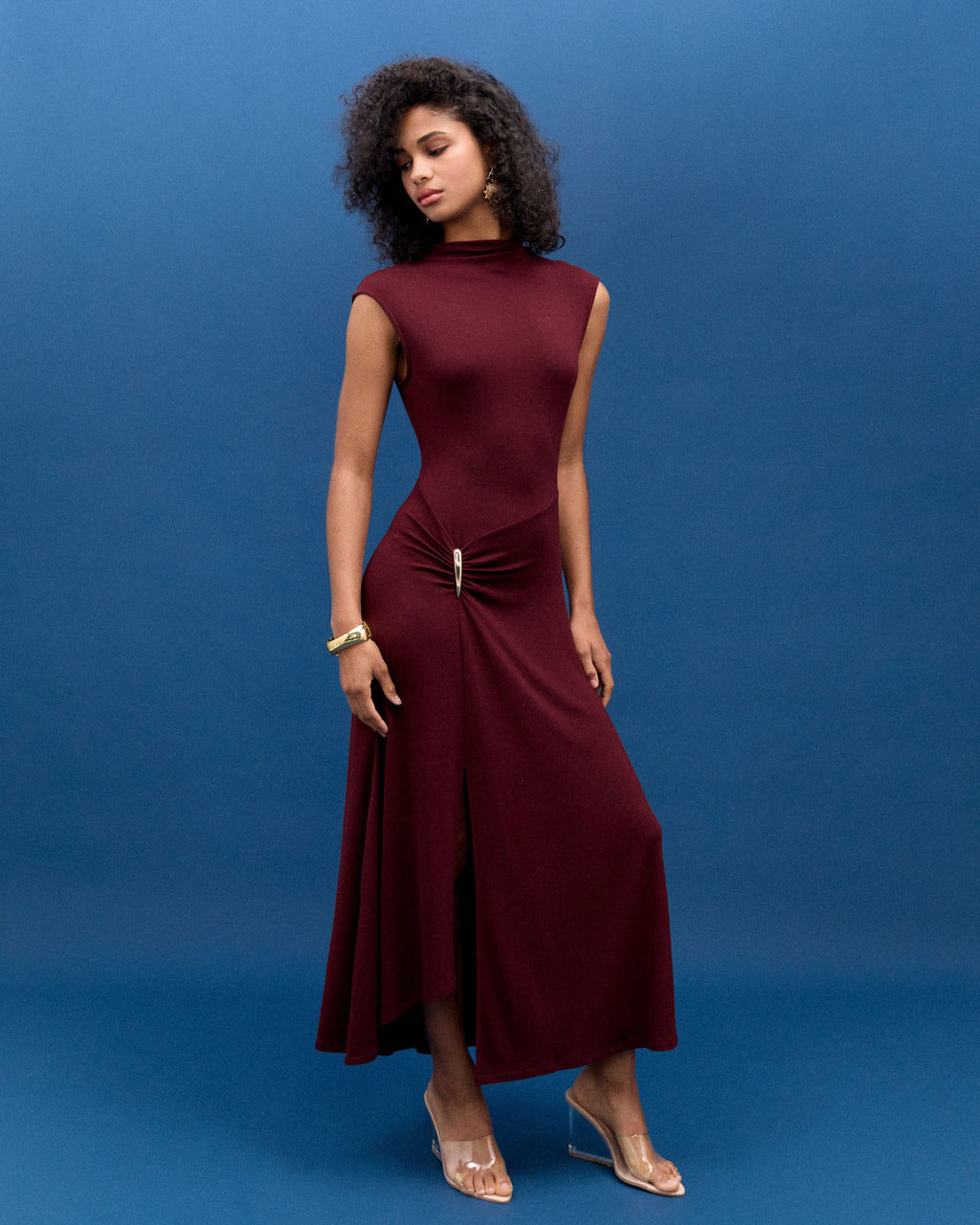 Laurel Ruched Dress in plum — full-length view 3