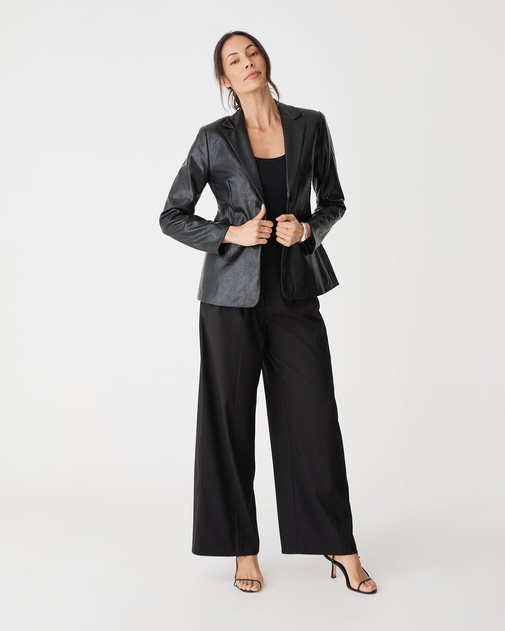 Shay Faux Leather Blazer in black — full-length view