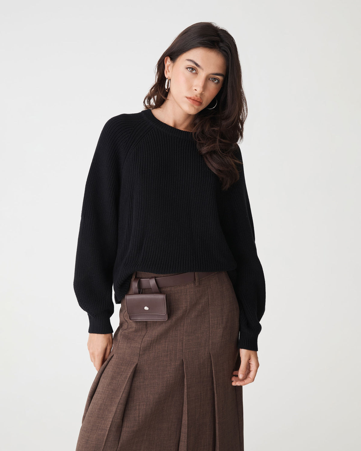 Meg Crew Neck Rib Knit Jumper in black — close-up view