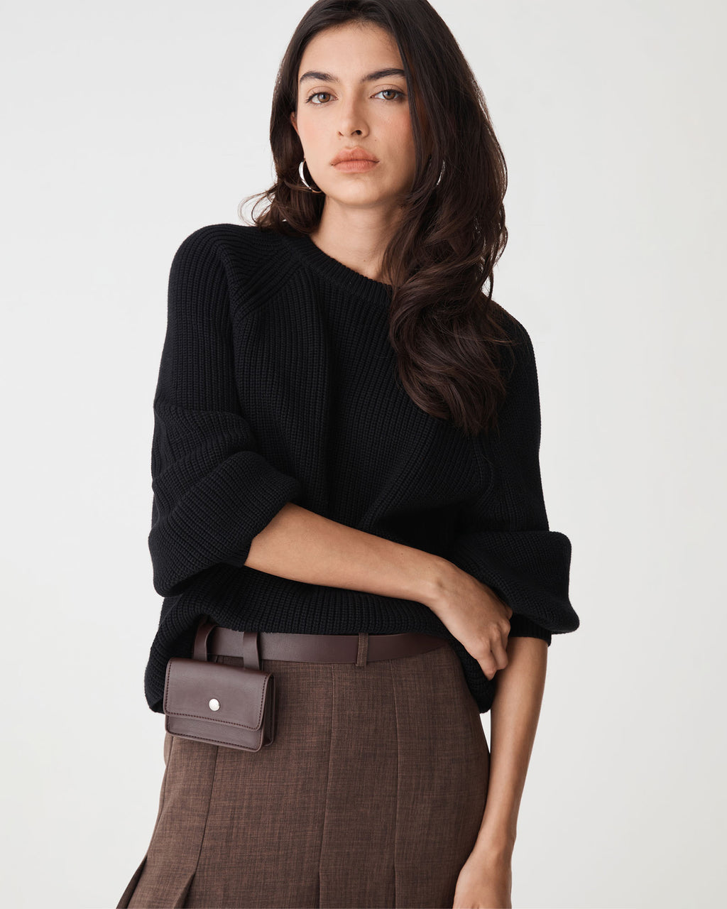 Meg Crew Neck Rib Knit Jumper in black — close-up view 2