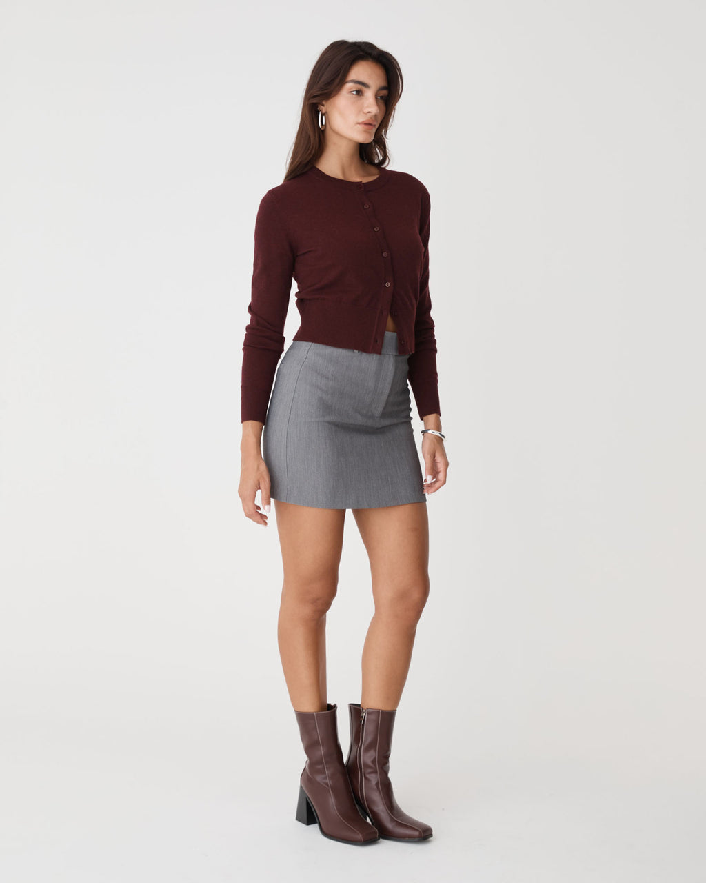 Cassie Crew Neck Cardigan in shiraz — side view