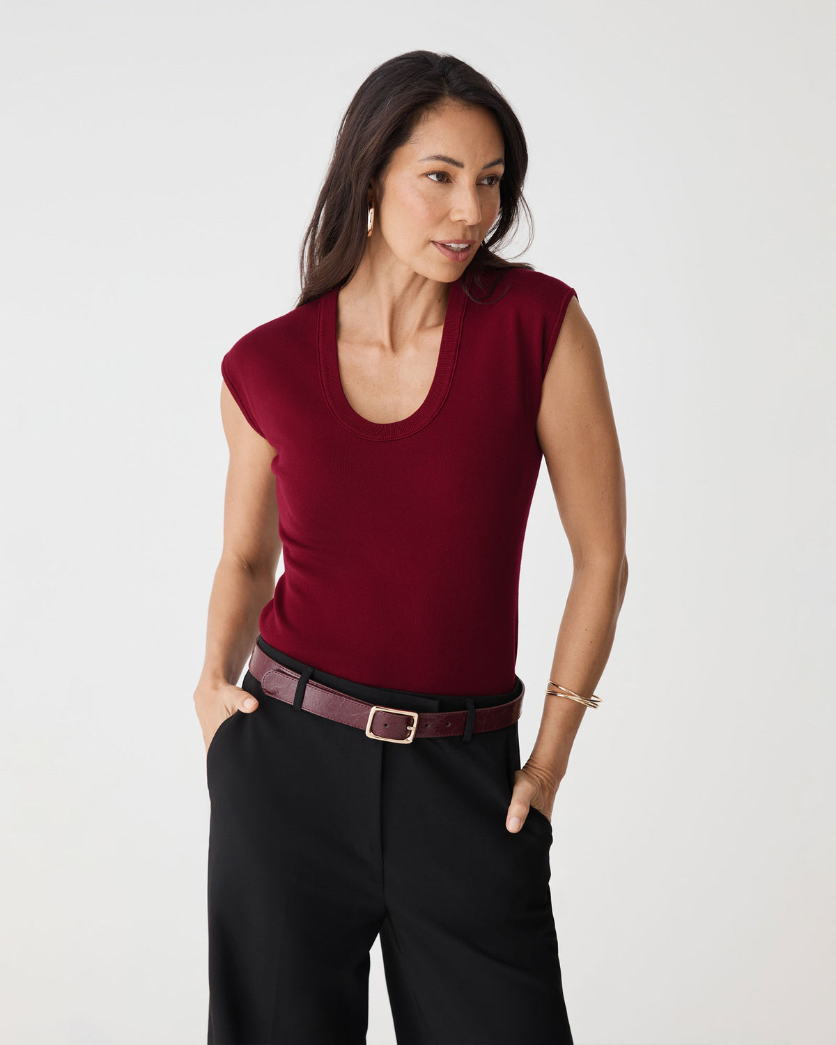Laura Tencel Scoop Neck Knit in rhubarb — close-up view