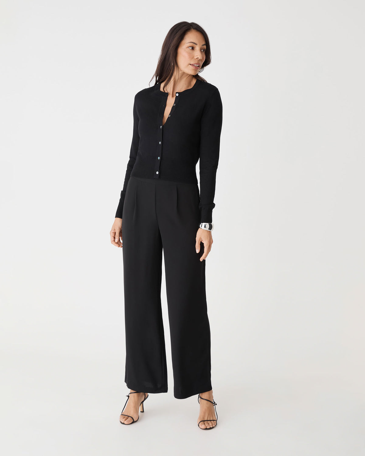 Jessie Crew Neck Cardigan in black — full-length view 2