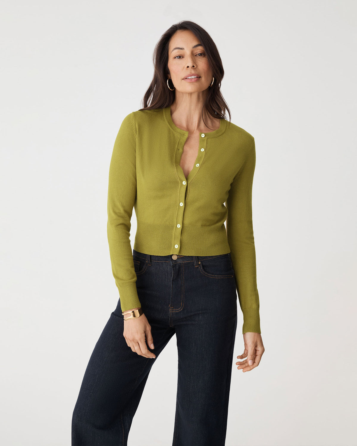 Jessie Crew Neck Cardigan in fennel — close-up view