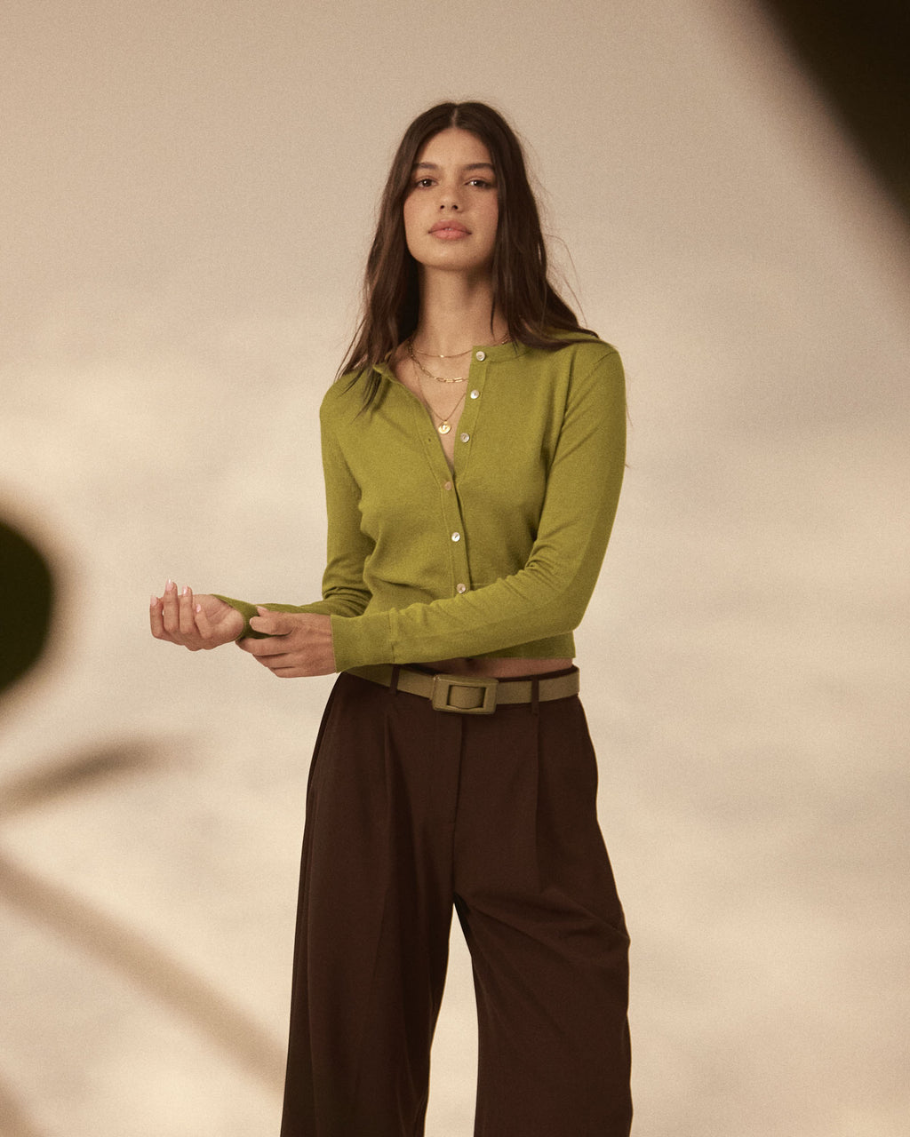 Jessie Crew Neck Cardigan in fennel — close-up view 3
