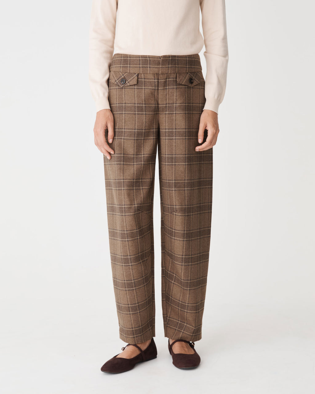 Lani Barrel Leg Check Pants in camel check — close-up view