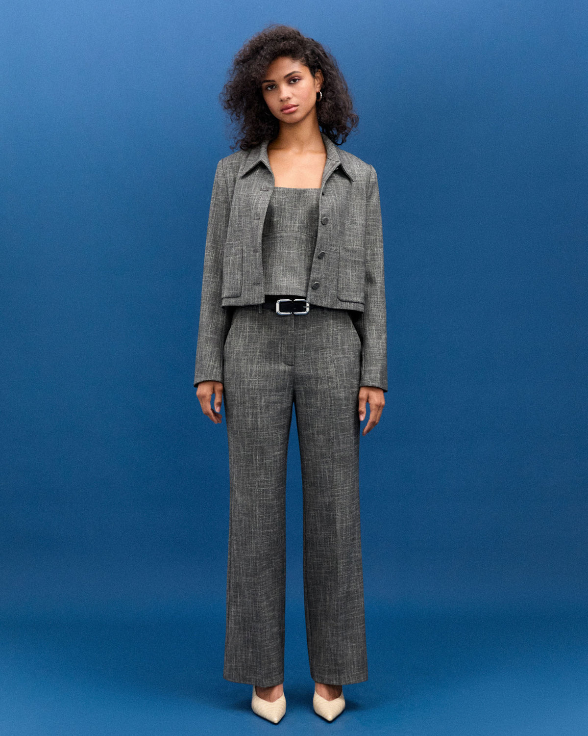 Harper Straight Leg Pants in black melange — full-length view