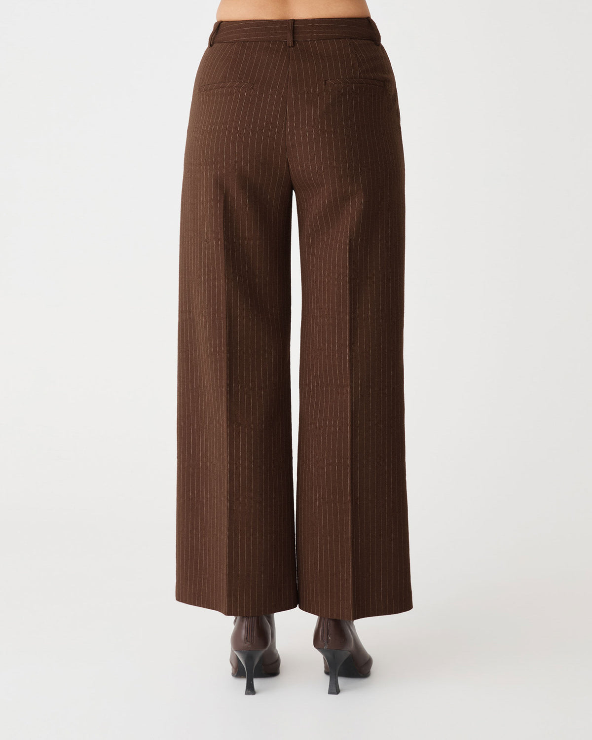 Zara Pinstripe Tailored Pants in chocolate pinstripe — back view