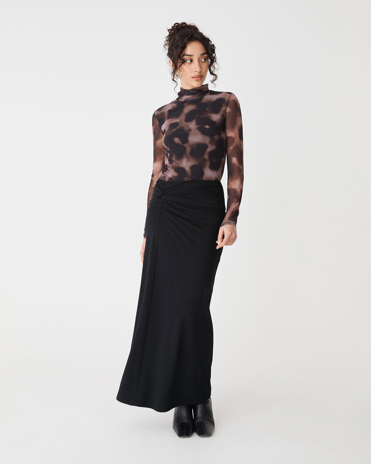 Dasha Ruched Bamboo Skirt in black — full-length view 2