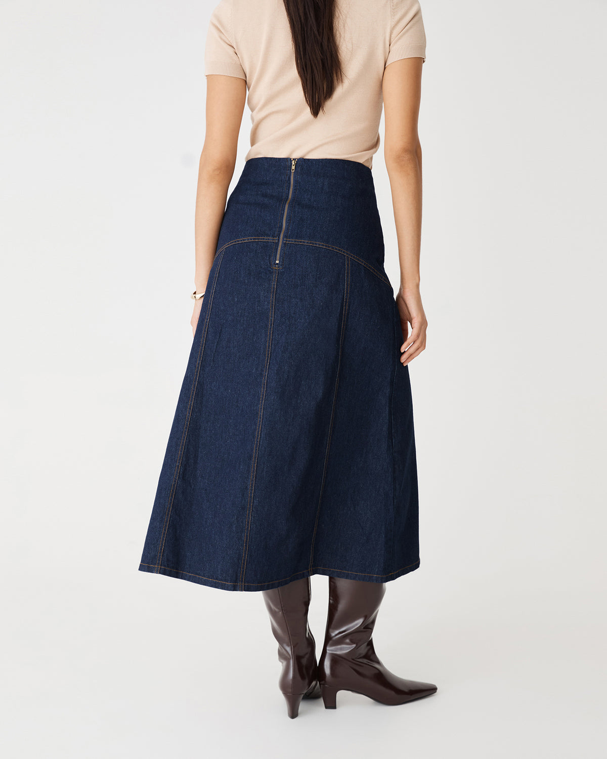 Nancy A-Line Denim Skirt in dark denim — back view