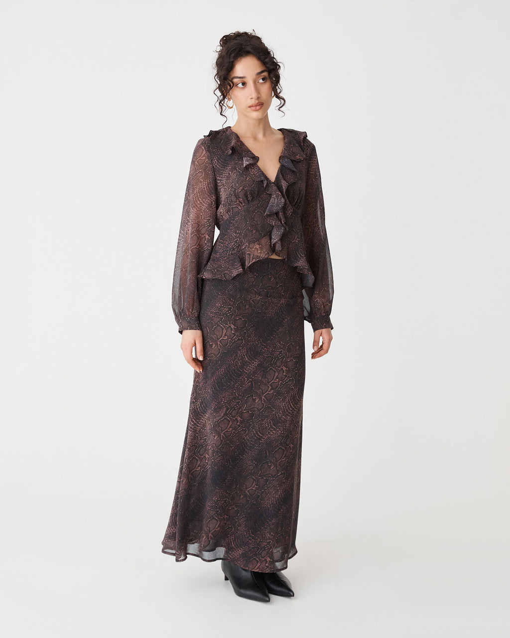 Sonia Snake Maxi Skirt in brown snake — full-length view 2