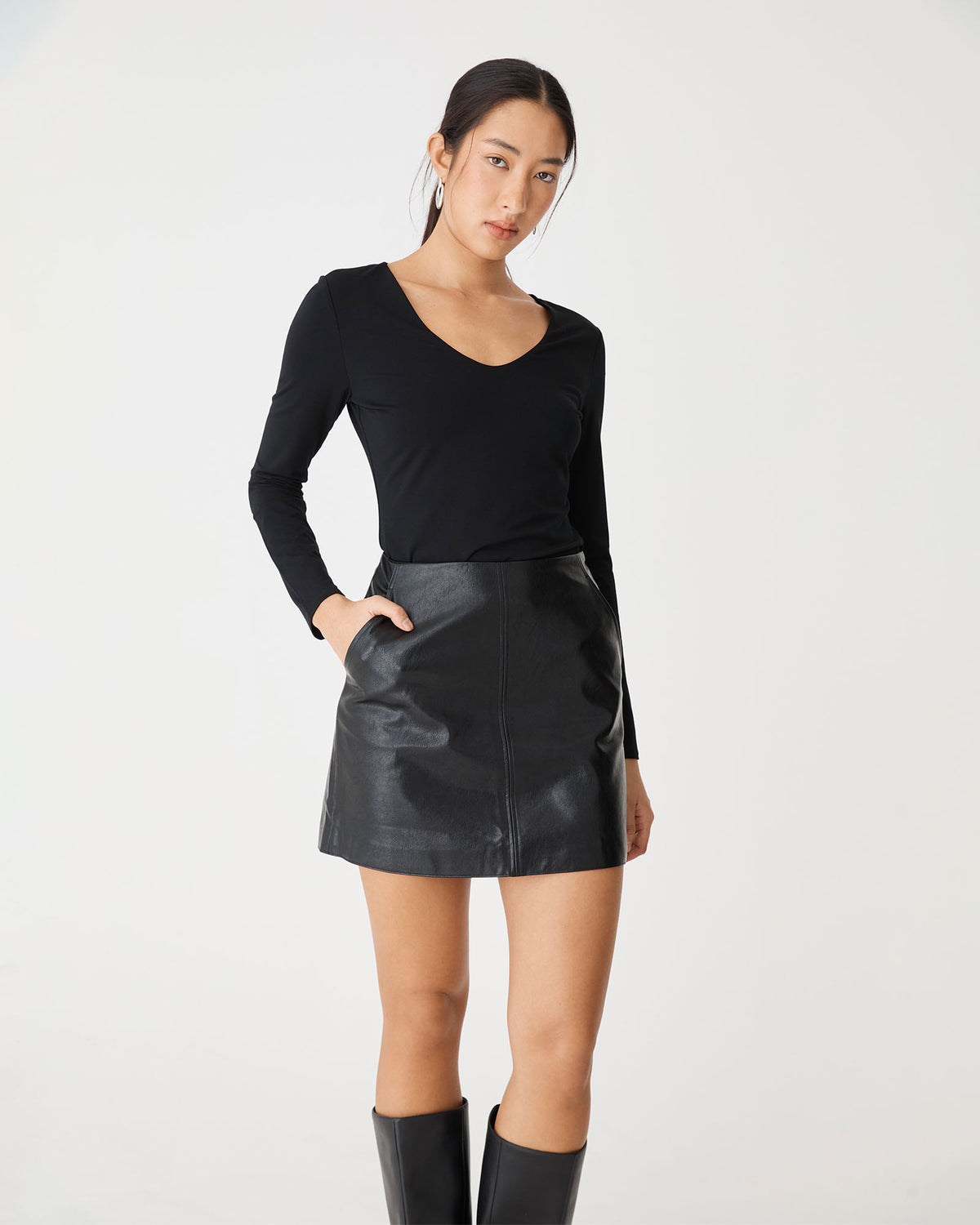 Shay Faux Leather Mini Skirt in black — close-up view 2