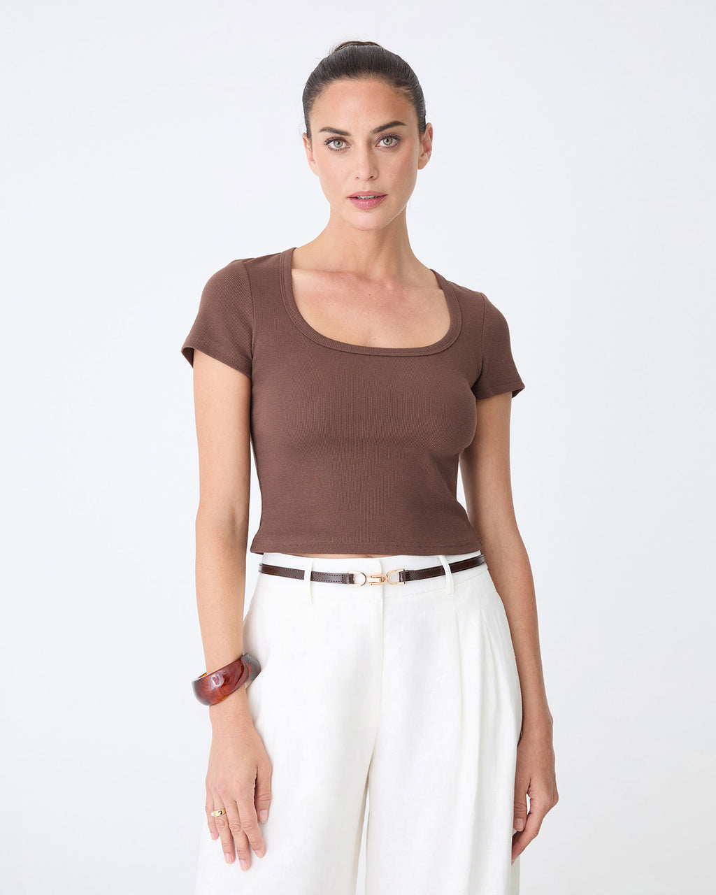 Devon Scoop Neck Rib Tee in chocolate — close-up view