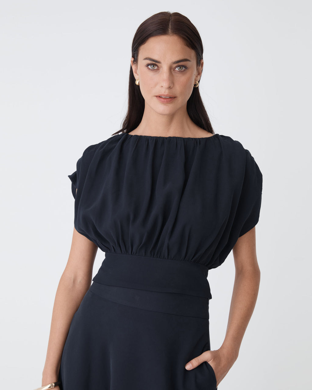 Goulbury Tie Waist Top in navy — close-up view 2