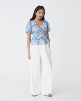 Angie Elastic Waist Top in blue paisley — full-length view