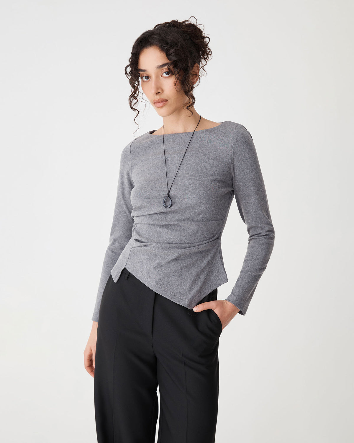 Calia Asymmetric Knit Top in grey marle — close-up view