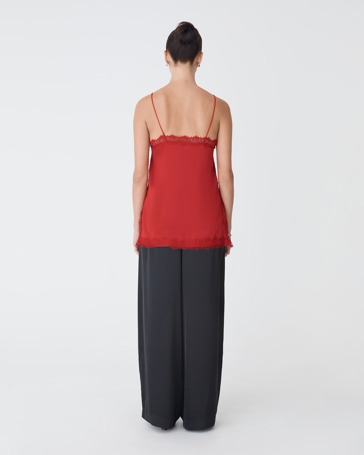 Cleo Lace Trim Satin Camisole in scarlet — back view
