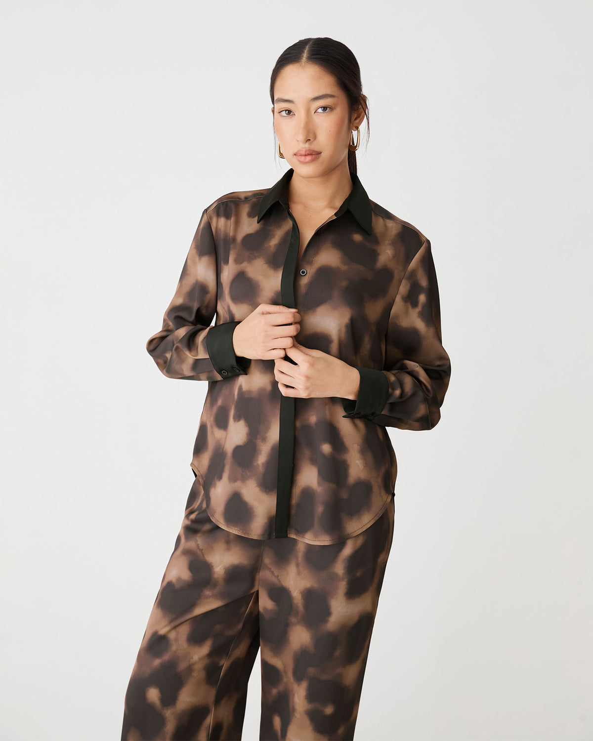 Savanna Printed Satin Shirt in brown abstract — close-up view 2