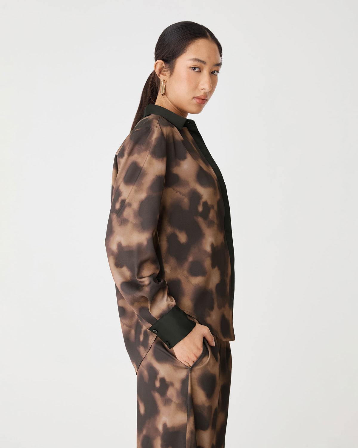 Savanna Printed Satin Shirt in brown abstract — side view