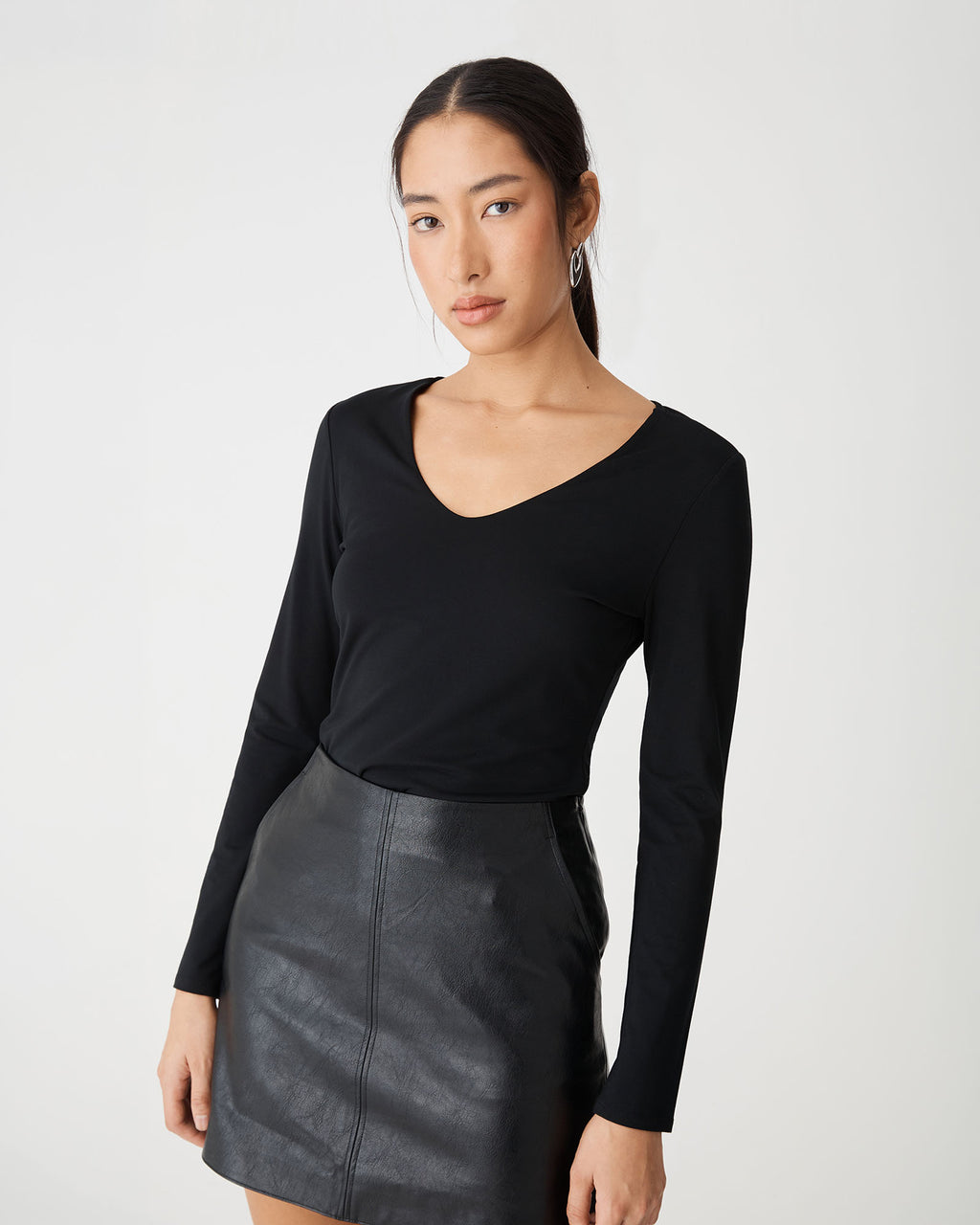 Isla V-Neck Bamboo Top in black — close-up view