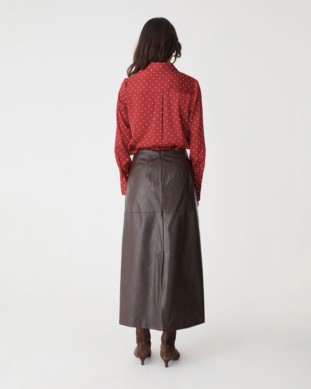 Courtney Satin Spot Shirt in dark red dot — back view
