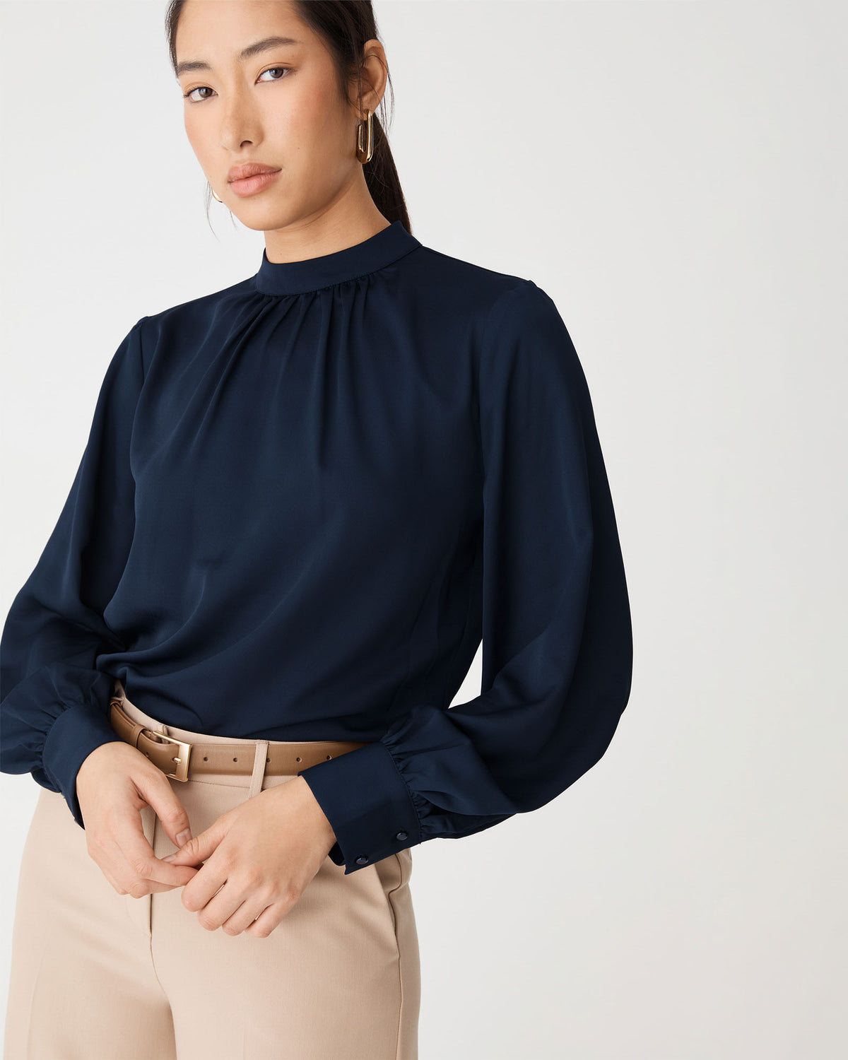 Celene Gathered Neck Top in french navy — close-up view 3