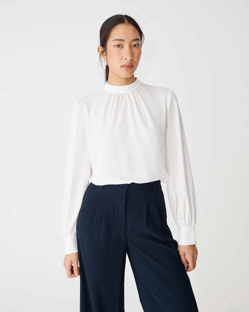Celene Gathered Neck Top in ivory — close-up view