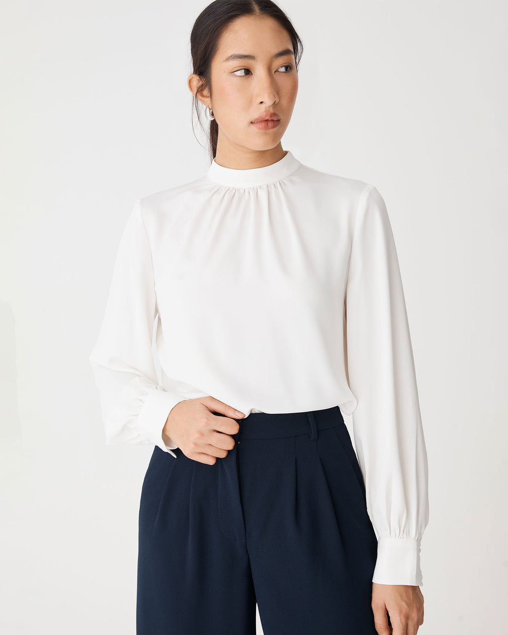 Celene Gathered Neck Top in ivory — close-up view 2