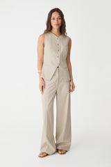 Zoe Pinstripe Wide Leg Pants in beige, front view, worn with matching pinstripe vest