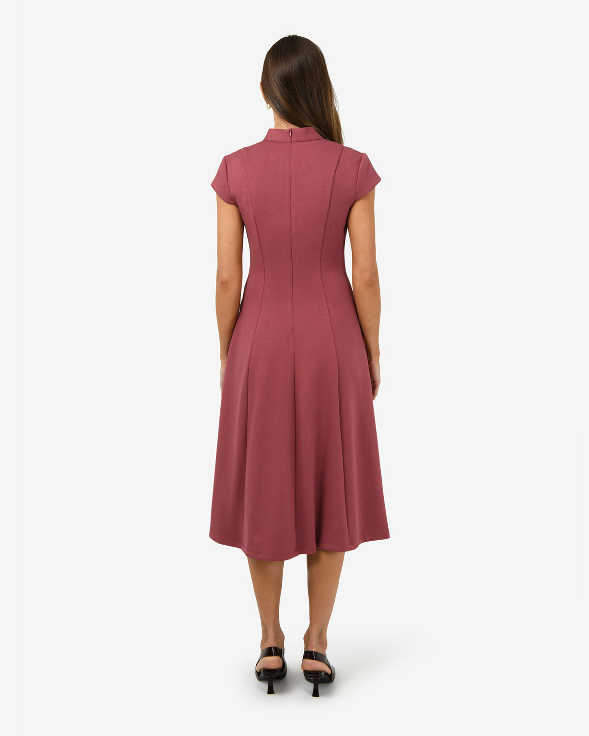 Juno Panel Ponte Dress in brick — back view